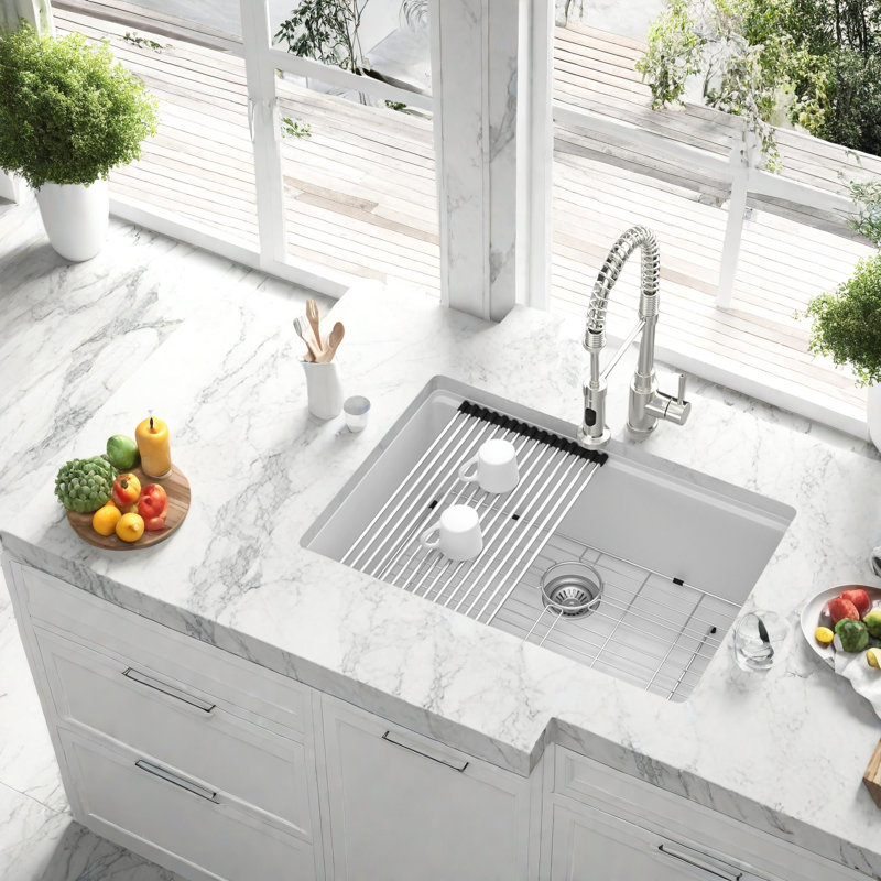 Évier de cuisine encastré en quartz blanc de 71 cm (28 po), cuve unique en composite de granit avec planche à découper, égouttoir enroulable, panier-filtre et grille de fond, profondeur de 23 cm (9 po), pour meuble de 79 cm (31 po).