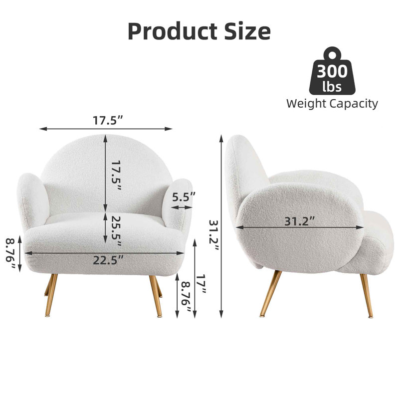 Oziah Sherpa Upholstered Armchair, Modern Accent Chair with Metal Legs, Gold, White Velvet