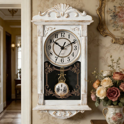 Vintage Grandfather-Style Wall Clock With Wood-Effect Pendulum - Battery Operated Decorative Clock For Living Room, Home Office, Kitchen, Or Dining Room