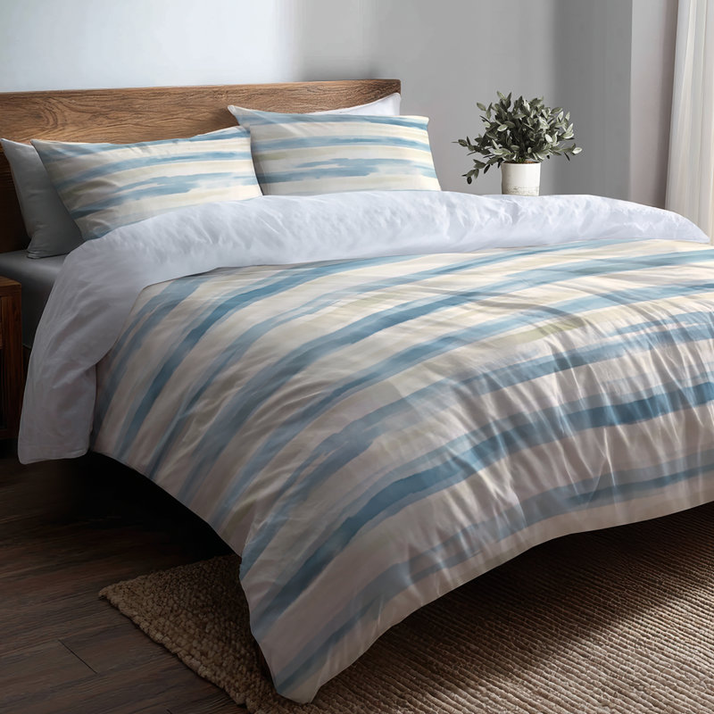 Ensemble de literie moderne 3 pièces - Ensemble de housse de couette rayé bleu et beige Soft Horizon