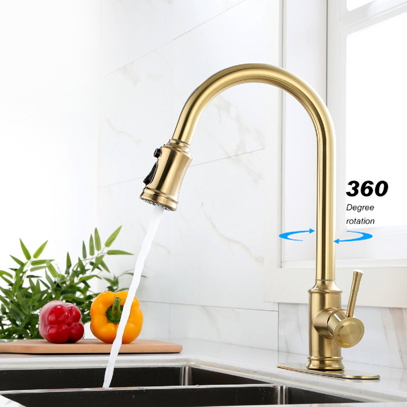Robinet de cuisine brossé Gold Touch, fabrication en acier inoxydable, rétractable pour différents types d'éviers, contrôle précis de l'eau à levier unique, buse rotative à 360 °, finition rouille, débit régulier et régulier