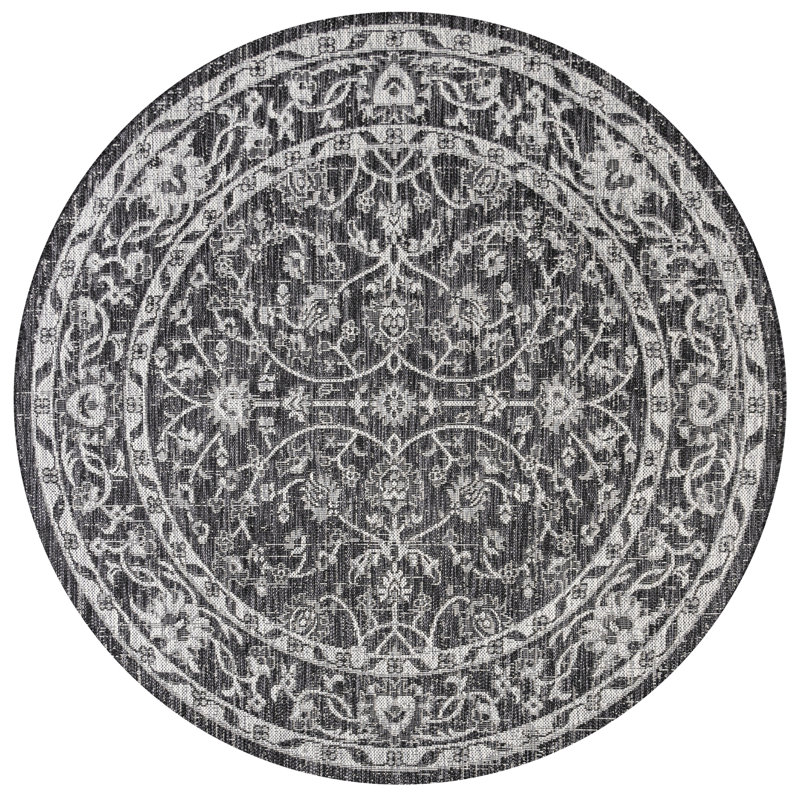 Markwart Vine and Border Textured Weave Black/Gray Indoor/Outdoor Rug, Round 5'3"