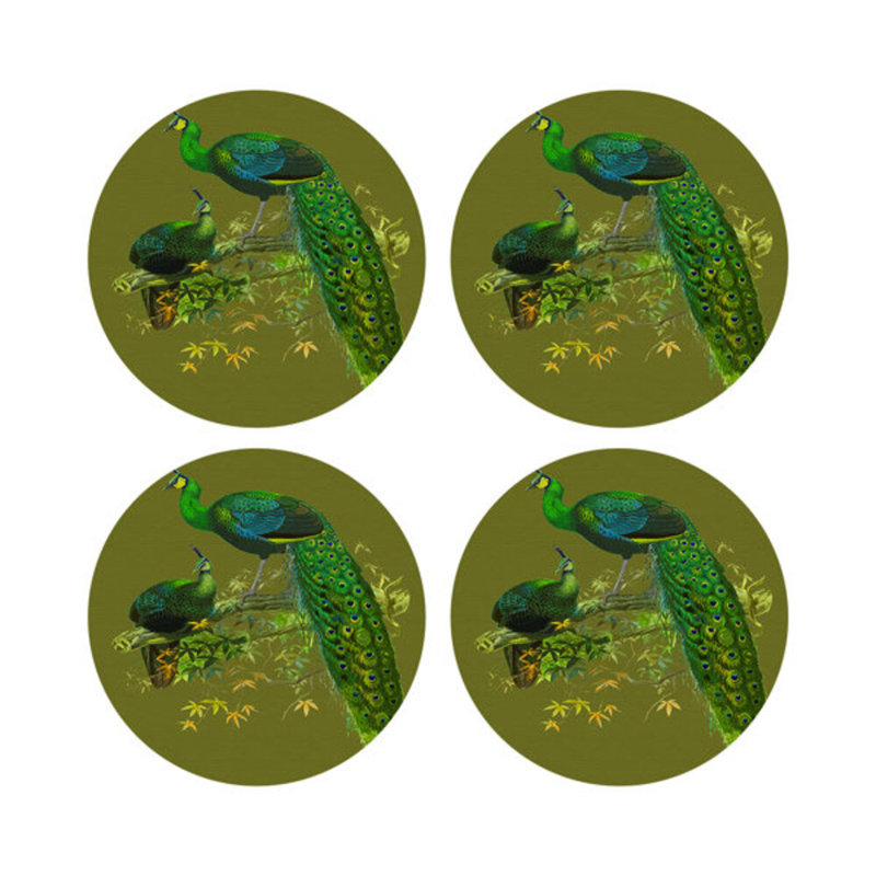 Family Pheasants Vegan Leather Round Pebble Placemat, Olive
