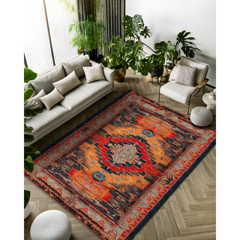 Jateen Collection Digital Print Cotton-Polyester Blend Rug – Red, Runner 4' x 14'10"