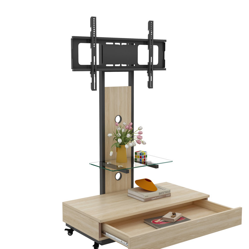 Meuble télé mobile avec tablettes en bois et en verre, tiroir à tirer et roues verrouillables pour écrans de 32 à 75 pouces | Idée de cadeau