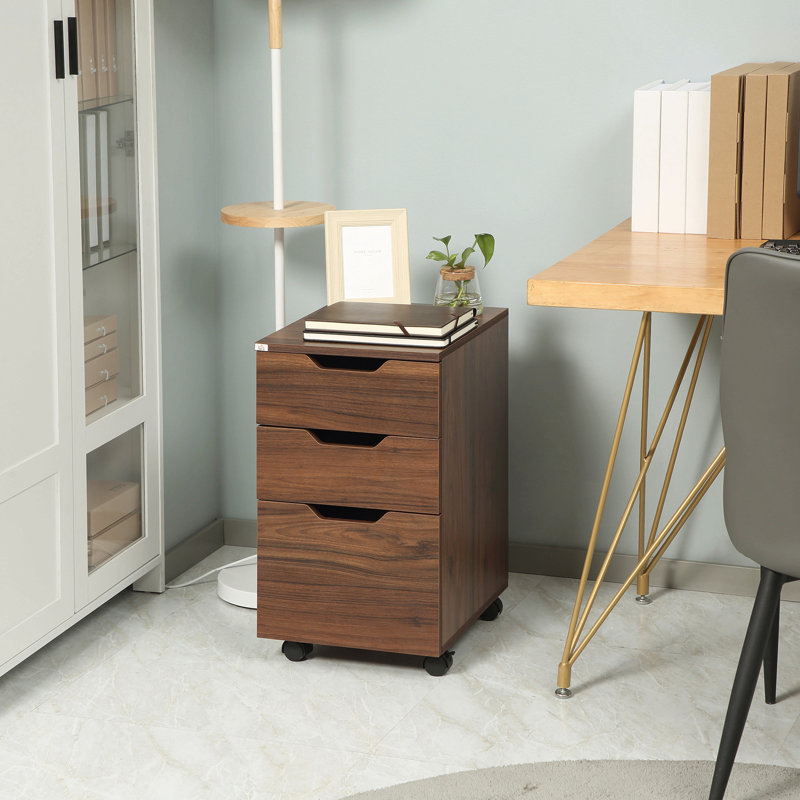 Armoire de rangement 3 tiroirs, sous le bureau avec roulettes, grain de bois brun, Brun