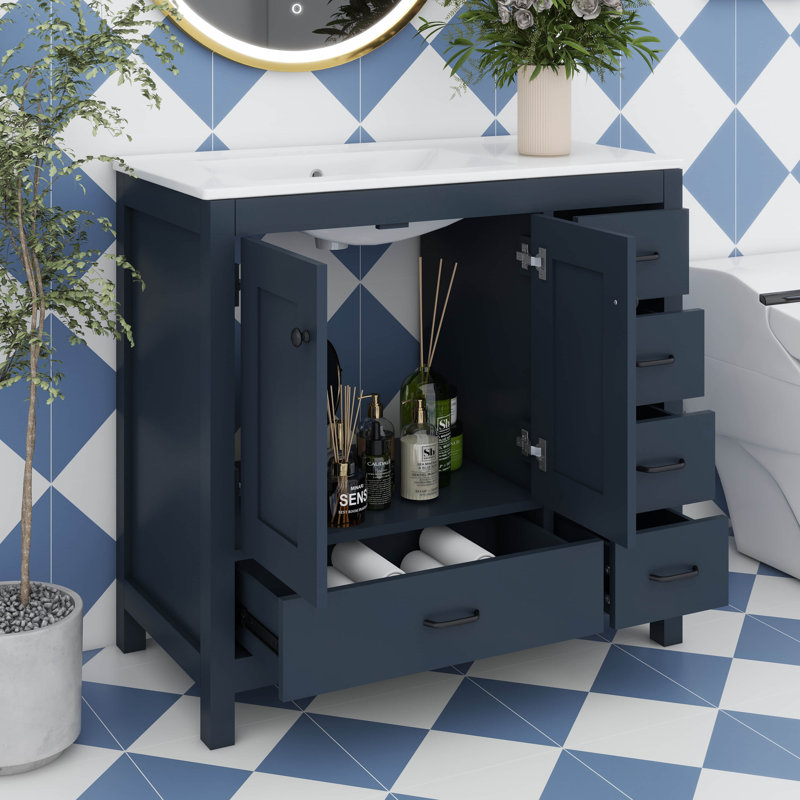 Meuble-lavabo 36 po avec lavabo en céramique, meuble-lavabo avec 5 tiroirs à fermeture en douceur et 2 portes à fermeture en douceur