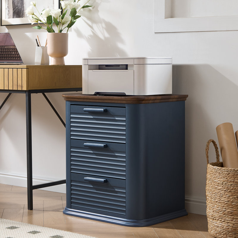 22" Large Tabletop Round Corner Nightstand with Charging Station Fluted Design with 3 Drawers, Blue