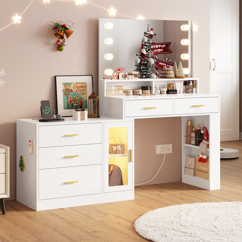 LED Makeup Dressing Table - with 3 Drawers + Dimmable Mirror, Modern Bedroom Vanity Desk, White