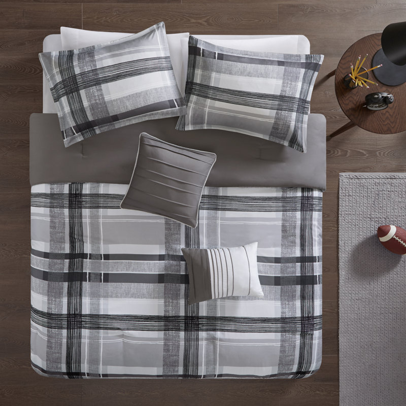 Gray Twin Microfiber Reversible Plaid Comforter Set