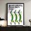 Abstrait moderne Trois haricots gris anthomomorphes pointant vers le haut, texte au-dessus d'eux, style dessin animé. Art mural 24 "x 36" avec cadre en bois noir