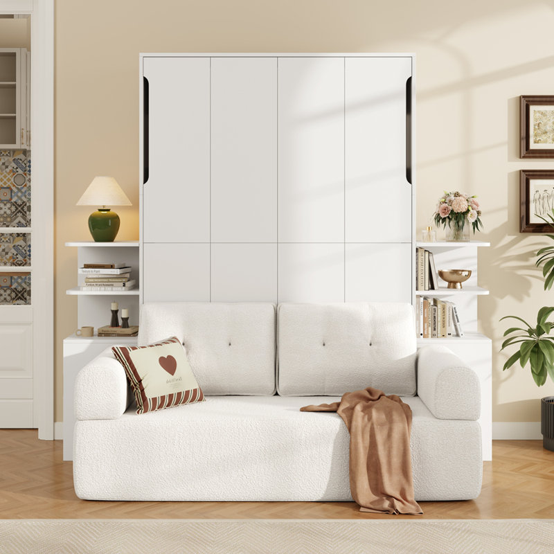 Lit escamotable double pleine grandeur avec canapé et armoires de rangement, lit mural peu encombrant pour bureau à domicile et chambre d'amis