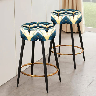 Ensemble de 2 tabourets de bar damassés à motif géométrique sarcelle et doré