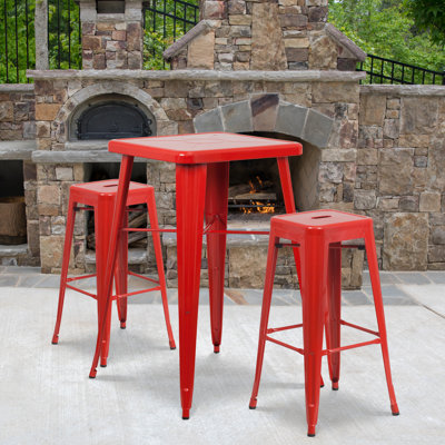 Ensemble de bar carré en métal pour l'intérieur et l'extérieur de 23,75 po avec table et 2 tabourets carrés Gyeong