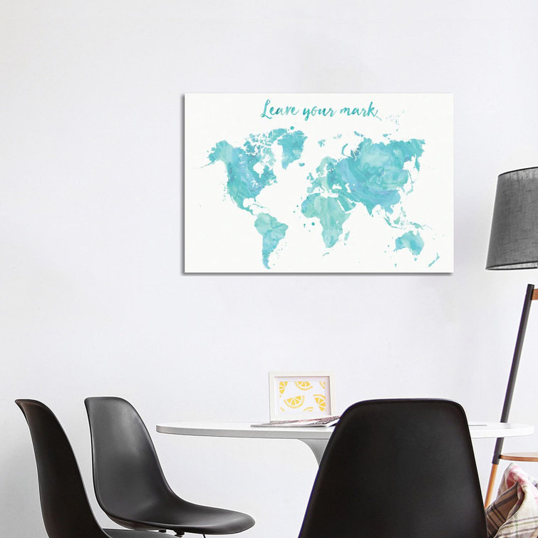 Leave Your Mark Aquamarine Watercolor World Map by Blursbyai - Gallery-Wrapped Canvas Giclée on Canvas