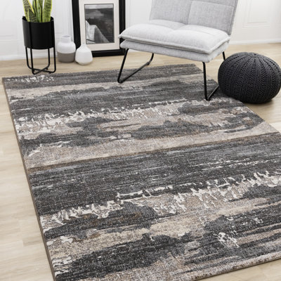 Rug Branch 5' X 8' (5'3" X 7'7") Distressed,Organic Indoor Area Rug, Grey Black , Contemporary Modern - Living Room, Bedroom, Dining Room, And Kitchen