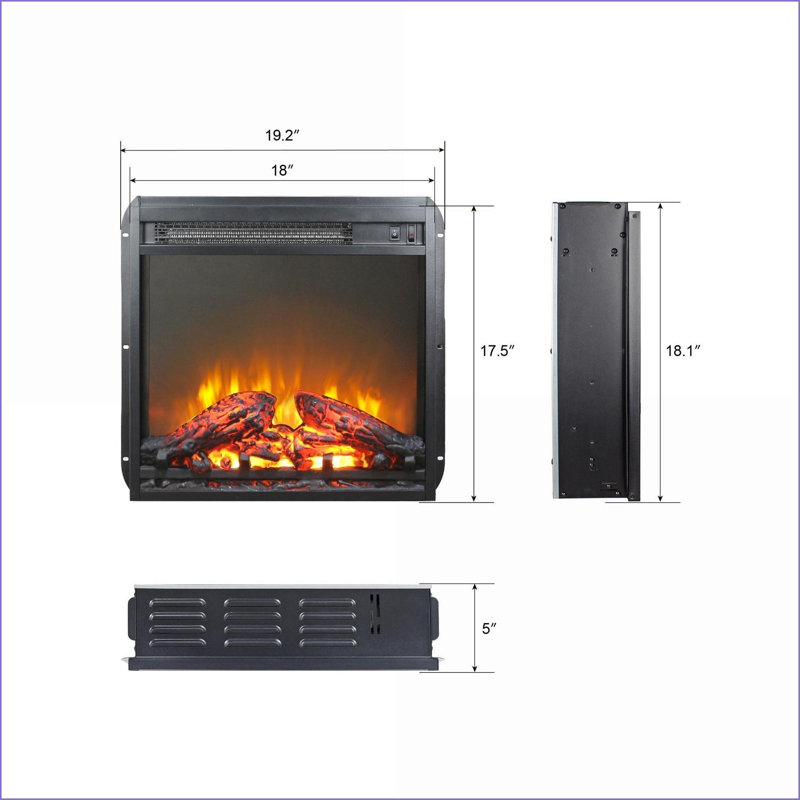 Electric Fireplace Insert, 18 Inch Ultra Thin Heater with Log Set & Realistic Flame | Tempered Glass+Sheet Metal+Plastic | Antique Black