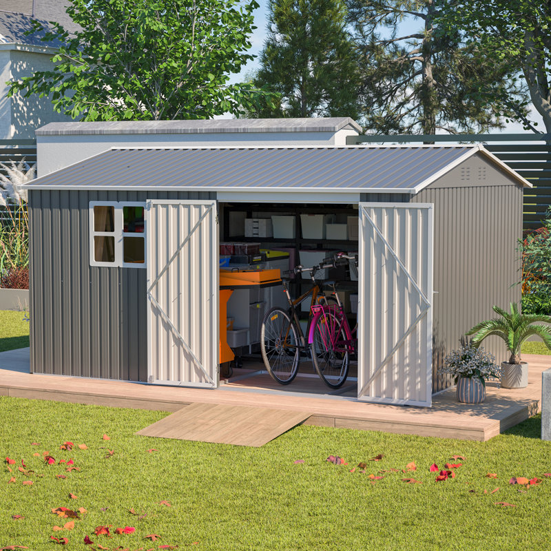 12x10 Ft Outdoor Storage Shed Metal, Large Garden Tool Sheds Outdoor With Lockable Doors, Waterproof Steel Utility Storage Building, Heavy Duty Equipment Shed For Backyard Patio Lawn Garden, Grey