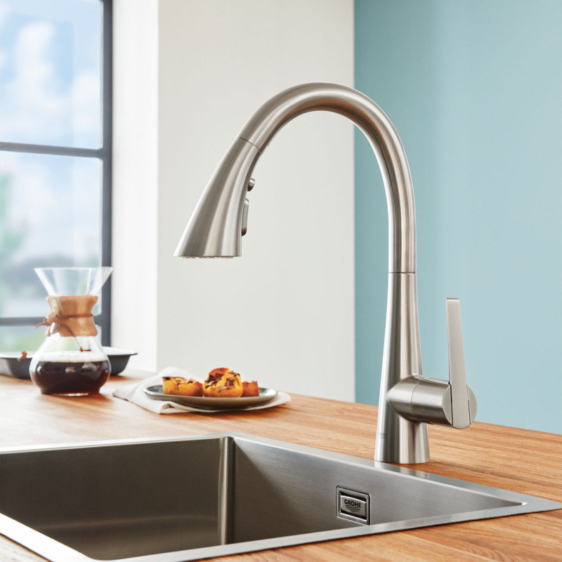 Zedra Pull Down Single Handle Kitchen Faucet with Accessories, Steel