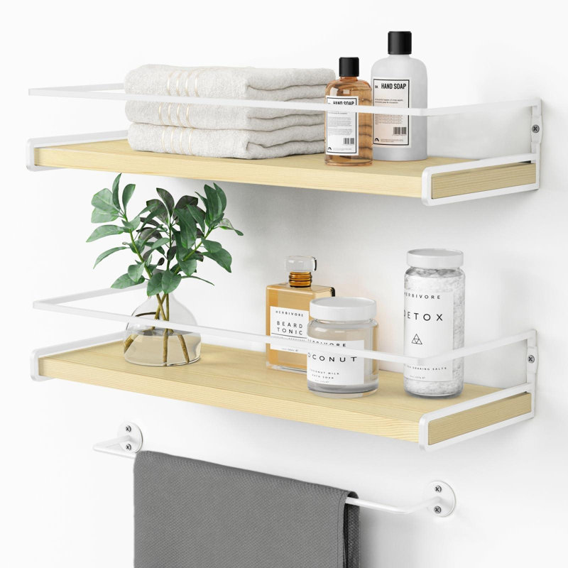 Floating Shelves For Wall With Rail,Wood Nursery Book Shelves, Hanging Bookshelves Wall Mounted For Books, Toys, Bathroom.(White And Natural/Set Of 2)