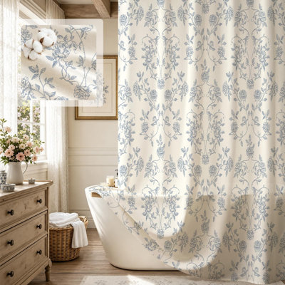 Rideau de douche vintage de style ferme à motifs floraux en polycoton, 183 cm x 183 cm, bleu