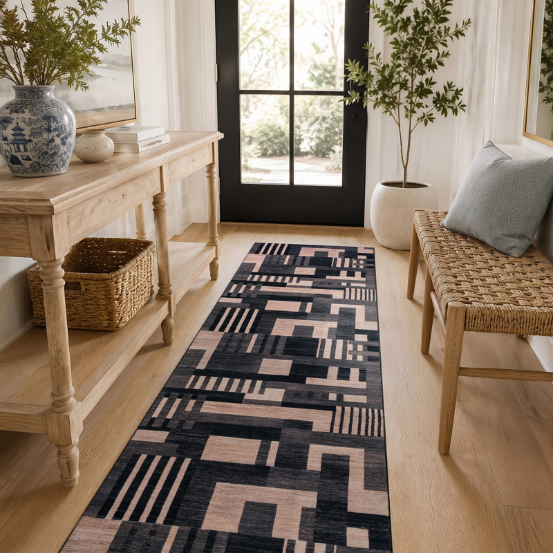 Tapis noir antidérapant à motif de blocs de couleur lavable à la machine, 2 pi x 6 pi