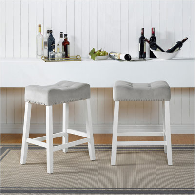 Morovo Set Of 2 Velvet Counter Height Stools With Tufted Saddle Seats, White-Wash Finish, Gray