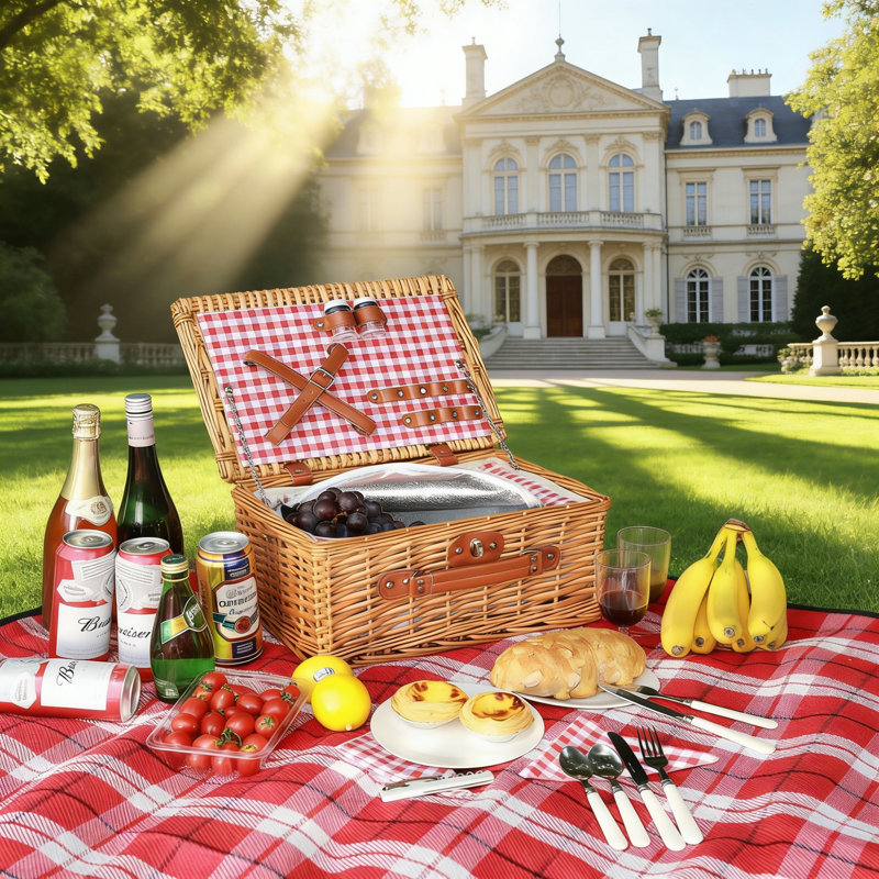 Light Picnic Cooler Basket - Complete Service For 2 With Storage Compartment, 27cm H x 38cm W x 18cm D, Red