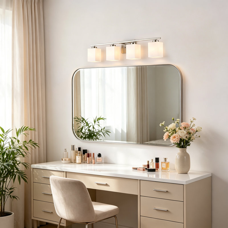 Éclairage pour meuble-lavabo d'intérieur avec abat-jour carré en verre gravé blanc, 4 Lights, Nickel brossé