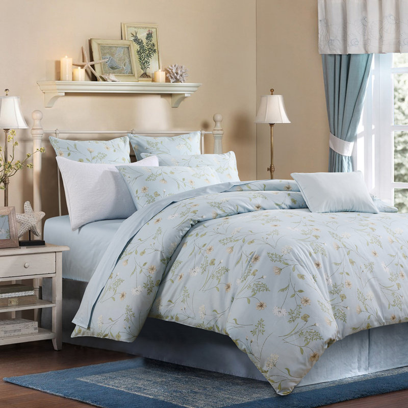  800TC 100% Egyptian Cotton Duvet Cover Set，3pcs Luxury Elegant Floral in Light Blue Shabby Chic Bedding Set, Aesthetic Botanical Pattern for Bedroom Guest Room Student Dorm All Seasons