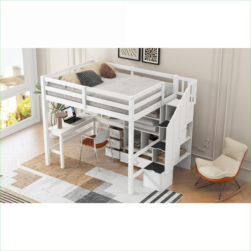 Classic White Solid Pine Full Size Loft Platform Bed with Integrated L-Shaped Desk and Built-In Storage