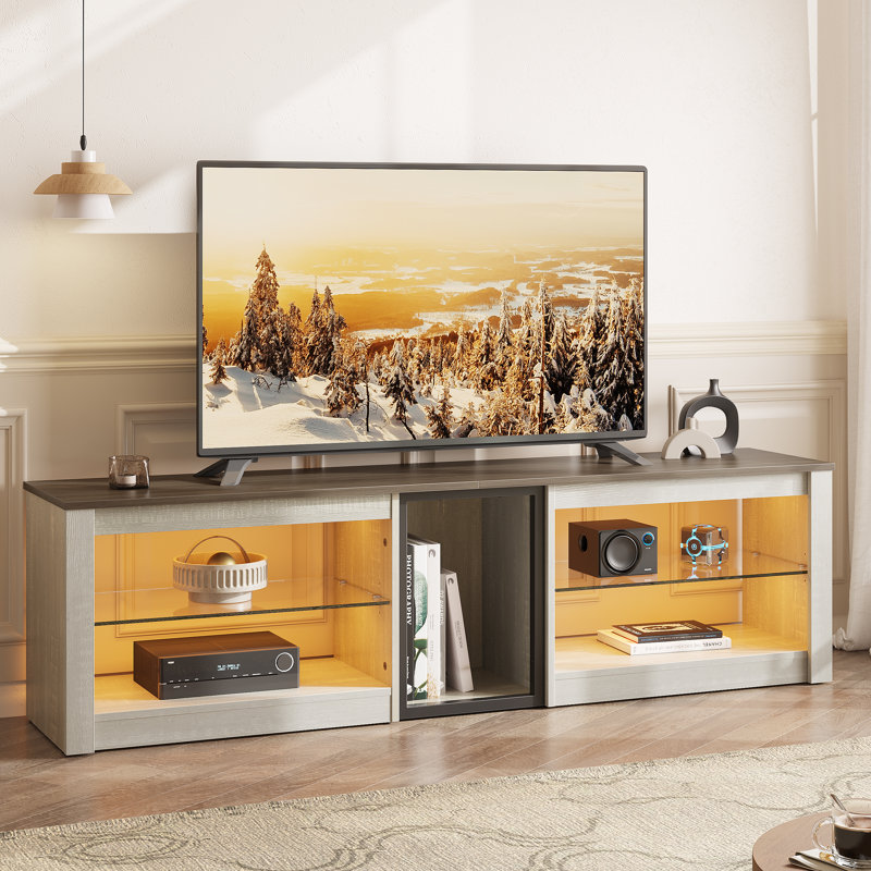 Brahma 63" TV Stand, PS5 Gaming Console, LED Entertainment Center with Glass Shelves, Blanc délavé