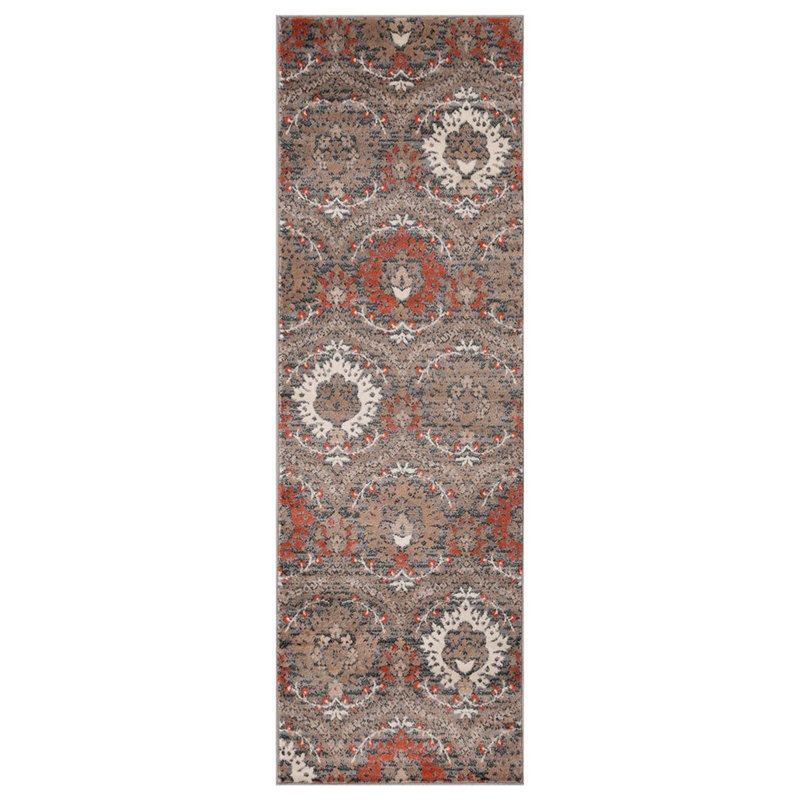 Tapis bleu / brun / ivoire tissé à la machine Damask, Tapis de couloir 2 pi 8 po x 8 pi