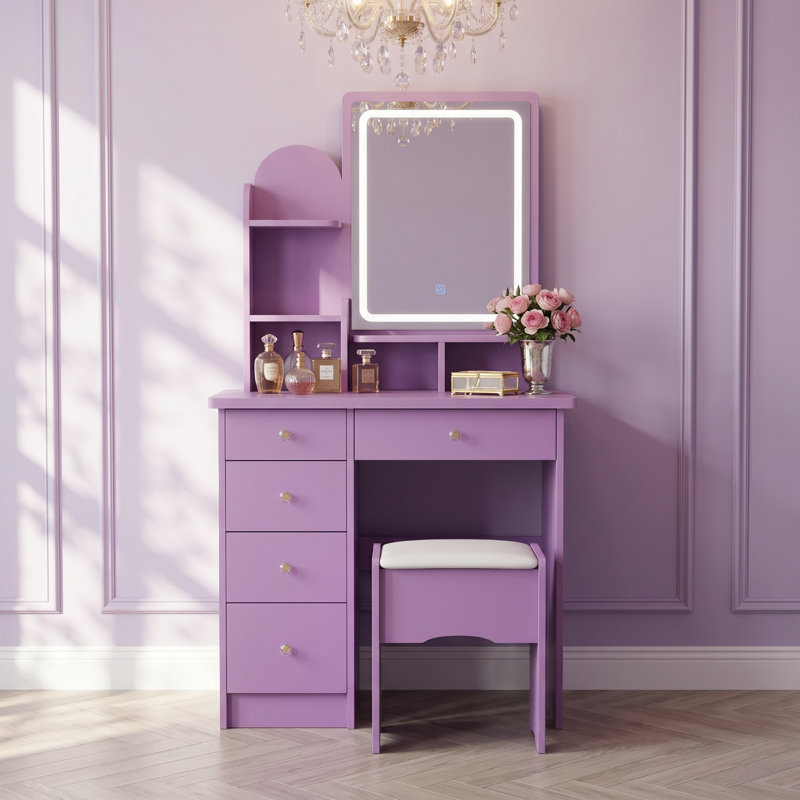 Moriah 55.1'' H Makeup Vanity Set with Stool and Mirror, Purple