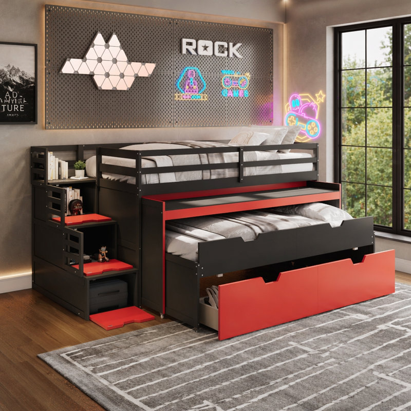 Lit mezzanine avec bureau coulissant, lit gigogne et marches de rangement, Extra-long Twin, Black+Red