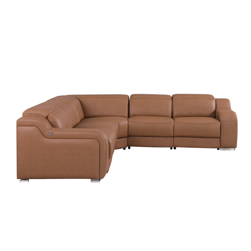 Stanyo 5 - Piece Top Grain Italian Leather Power Reclining Sectional, Cognac Genuine Leather