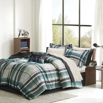 Twin Xl Plaid Comforter Bed Sheet - 7 Piece Teal/Black Microfiber Bedding, Filling, Contrasting On Pillowcase, Machine Washable, Safe Skin And Pcs Classic Design, Coordinating Solid Sheet, Proof