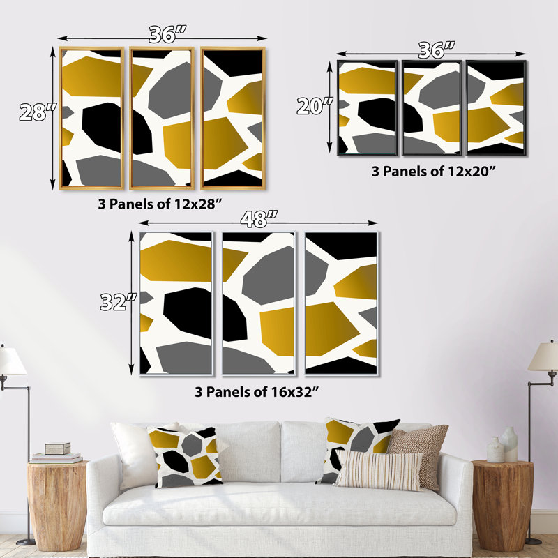 Formes géométriques dorées et noires - ensemble d'art mural moderne sur toile encadrée 3, H 20 po x l 36 po x P 1 po, Noir