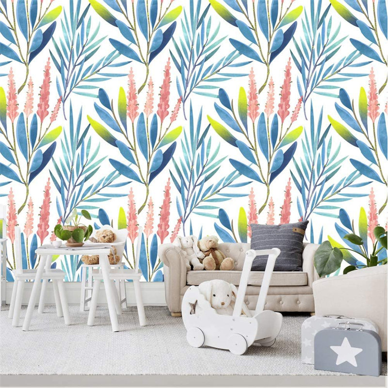 Red Barrel Studio® 93028 - Papier peint adhésif à motif de feuilles à motif d'aquarelle à motif floral auto-adhésif amovible en vinyle blanc / bleu / rose 17,7 po x 9,8 pi