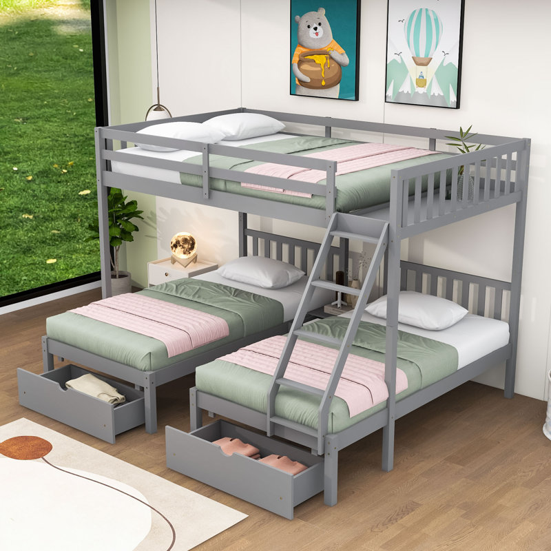 Enissa Full Over Twin & Twin 3 Drawers Wooden L-Shaped Bunk Beds, Grey