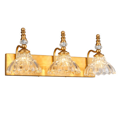 3-Light Vintage Brass Vanity Light, Flower Glass Shade Bathroom Over Mirror Lighting Fixture