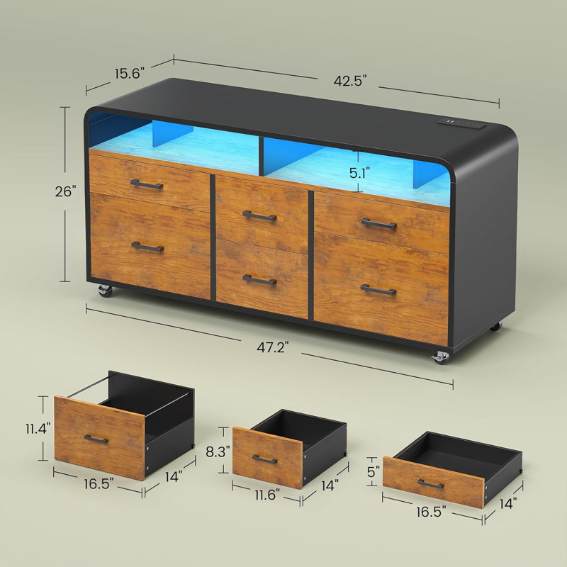  Classeur mobile 47 tiroirs de 47 po de largeur avec multiprise, Brun