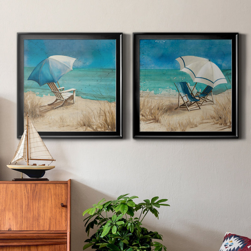 «Retreat to the Beach I», peinture sur toile 2 pièces, Cadre noir, H 26,5 po x l 53 po x P 1,5 po