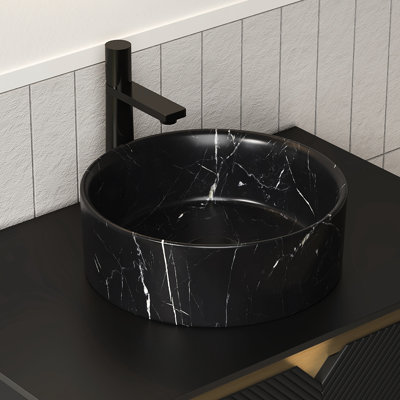 14'' Round Ceramic Bathroom Sink With Stone Pattern, Matte Black, Hazy Gray Veined Textures, And Stain - , Easy To Maintain, 14.48 In Depth, Width, 4.84 Height, 15.46 Lb Weight Ceramic, Basin