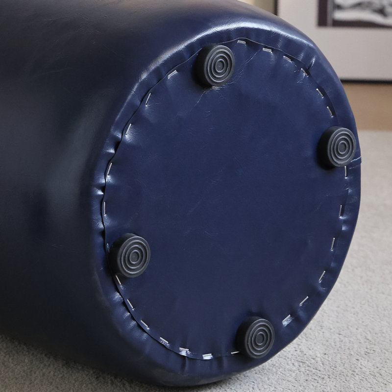 11.8In Small Round Faux Leather Upholstered Ottoman, Blue