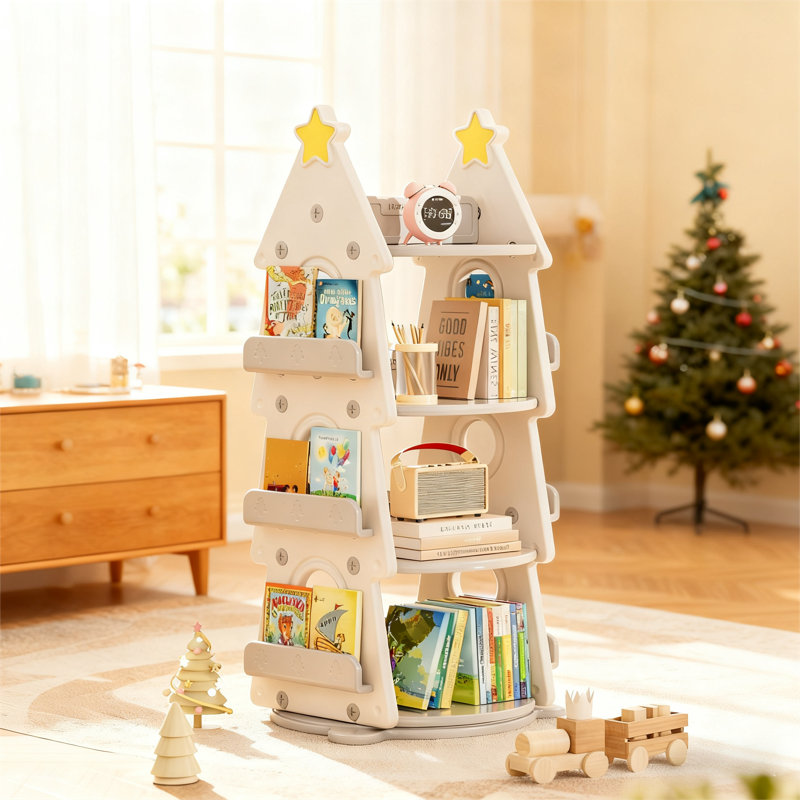 4 Tier Kids Rotating Bookshelf, 360°display Spinning Bookshelf Tower, Floor Standing Bookcase, Gray