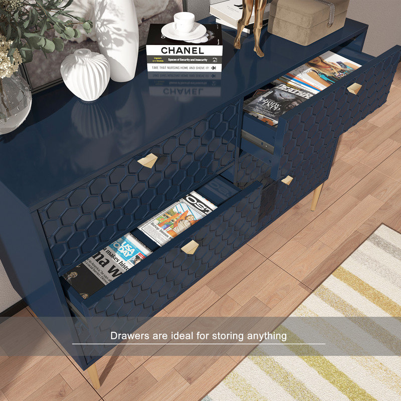 Commode 6 tiroirs, motif en nid d'abeille 3D, armoire de rangement en panneau de fibres à densité moyenne plaqué bois pour la chambre à coucher, le salon, la cuisine et le bureau