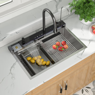 30"L  x 19"W Drop-in Workstation Kitchen Sink Waterfall Stainless Steel Sink with Digital Display Waterfall Faucet