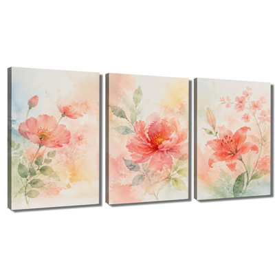 3‑panel wall art Soft Pink Watercolor Peony Lily Floral Canvas Print