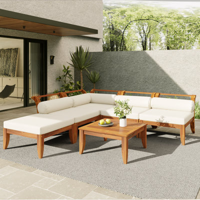 Jamari 6-Piece Outdoor Acacia Wood Conversation Set with Ottoman & Cushions